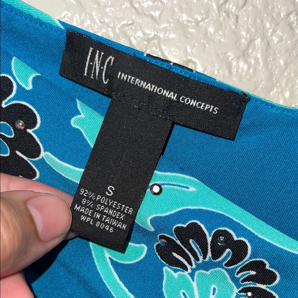 INC International Concepts Teal and Black Patterned Midi Dress - Picture 2 of 4